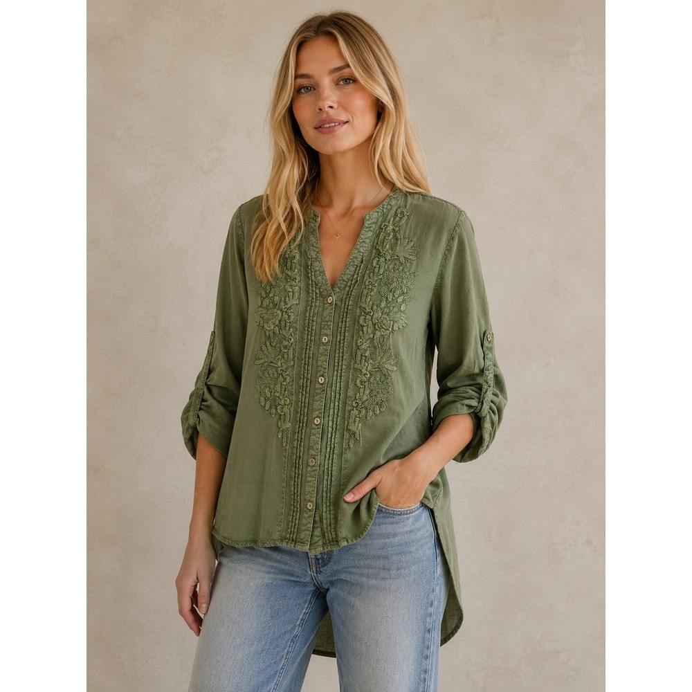 Solitaire Olive Green Embroidered Tunic Blouse Roll Tab Sleeve Boho Medium